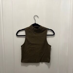 Green Fitted Crop Tank Top with Mandarin Collar
